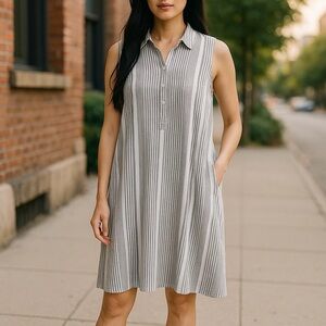 Tahari 100% Linen Shirt Shift Dress 1X Tunic Black White Striped Sleeveless